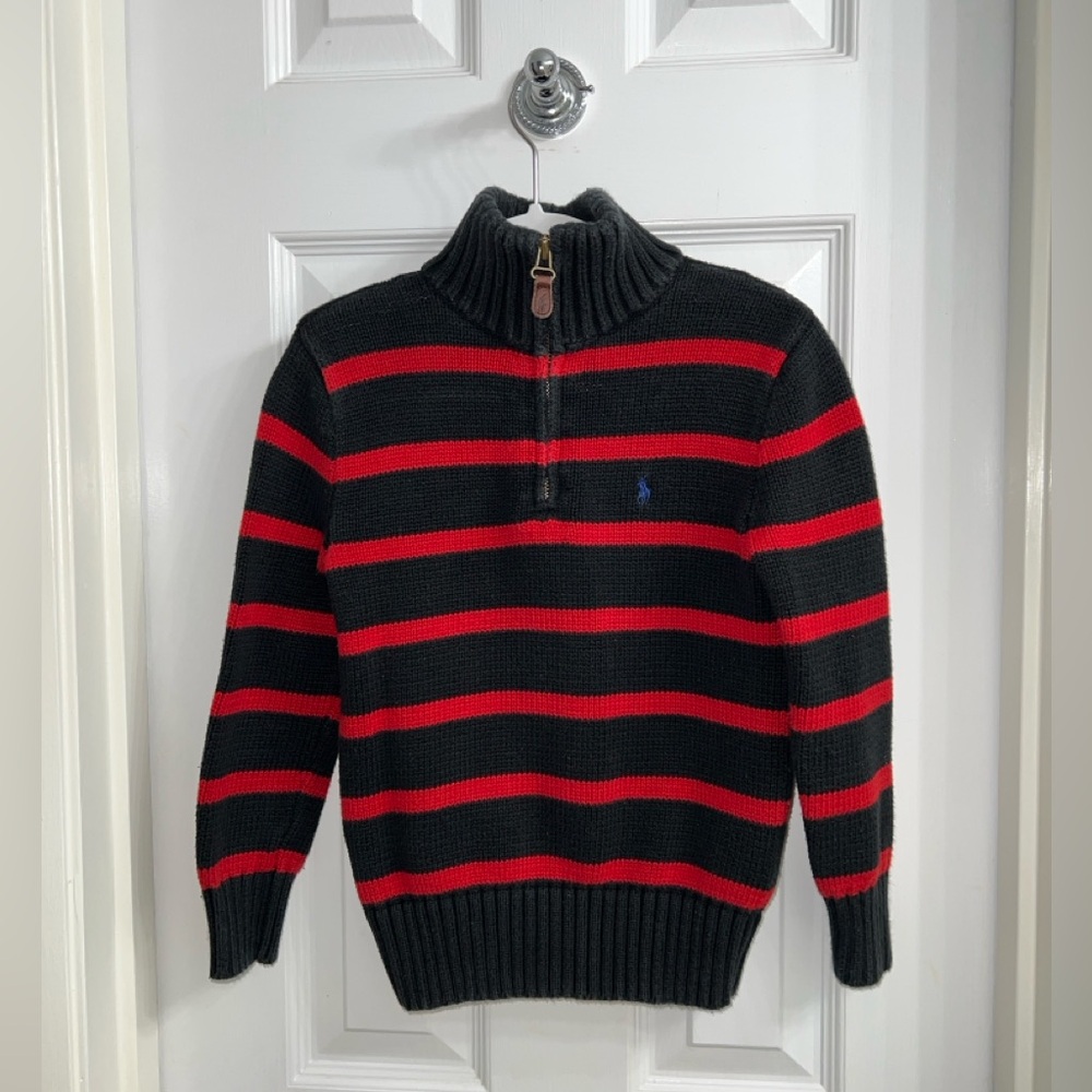 Boys Knit Sweater – Polo Ralph Lauren –Black with Red Stripes – Size 7 –Like New